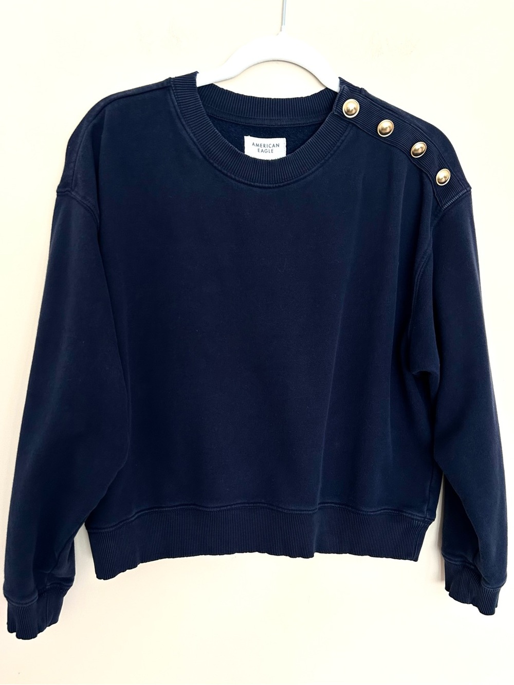 American Eagle Women’s Navy Crewneck Sweater with Gold Button Shoulder Detail